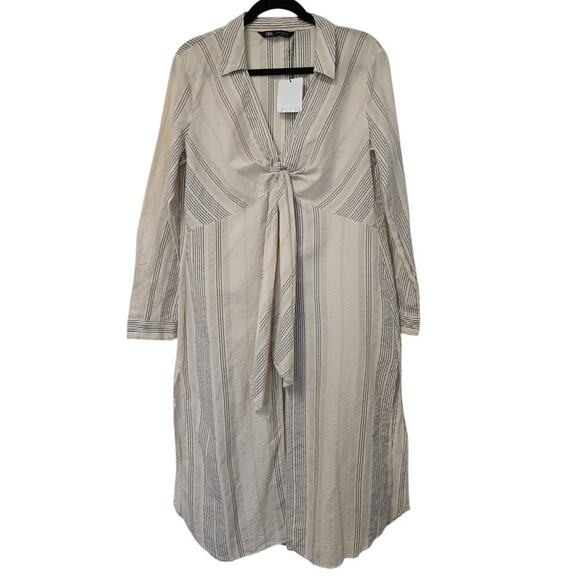 NWT Zara V Neck High Waisted Dress Striped Bow Cream Black Size Med Lightweight - Picture 5 of 11